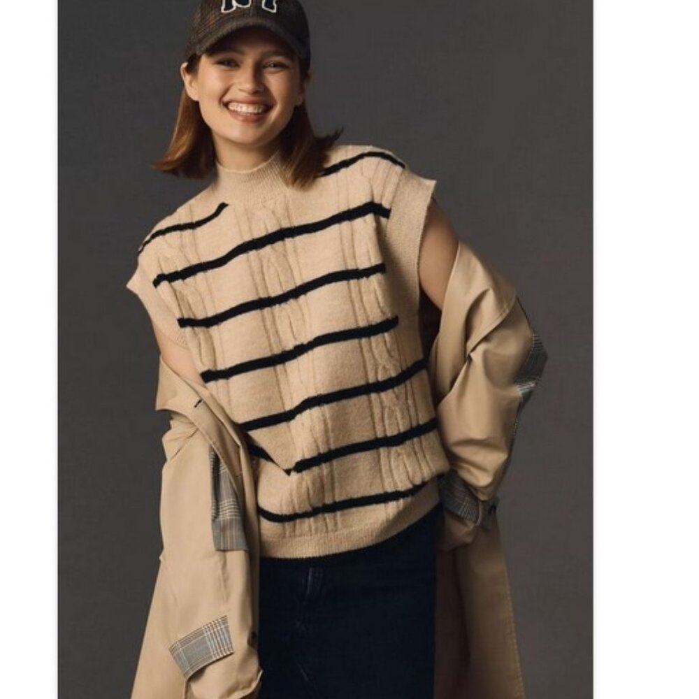 Anthropologie Maeve Striped Cable Knit Sweater Vest Sleeveless Tan Black Small S
